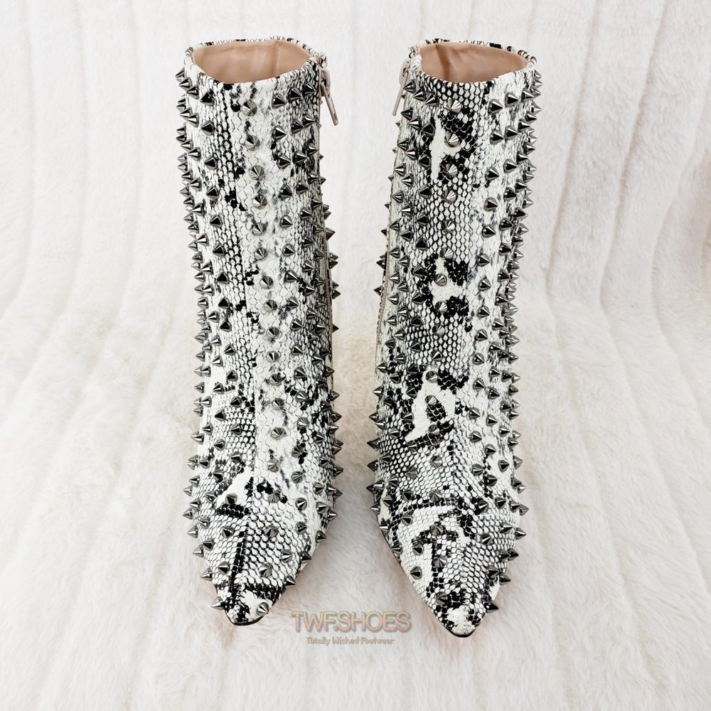 Passion Off White Black Snake Spiked 4.5" High Heel Ankle Boots - Picture 6 of 12